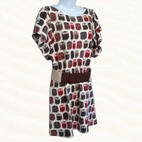 OWL boho dress or top • Large Jrs cream & brown bird OB2-12 - Picture 3 of 5